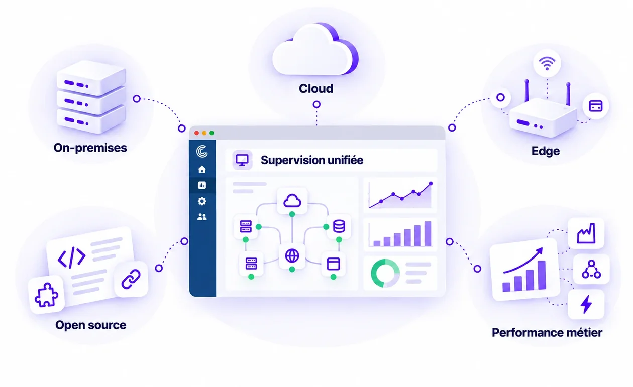 Illustration : la supervision unifiée Centreon reliée à l’on-premises, au cloud, à l’edge, à l’open source et à la performance métier