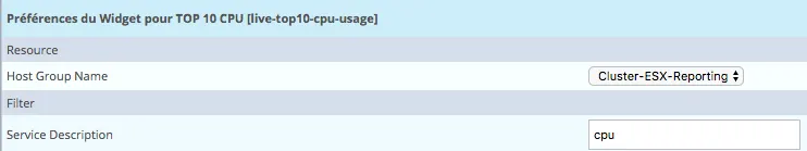 Live Top 10 CPU Usage widget preferences in Centreon: host group Cluster-ESX-Reporting, service description filter cpu