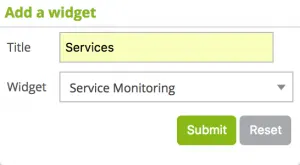 Centreon Add a widget form: title Services, Service Monitoring widget selected, with Submit and Reset buttons