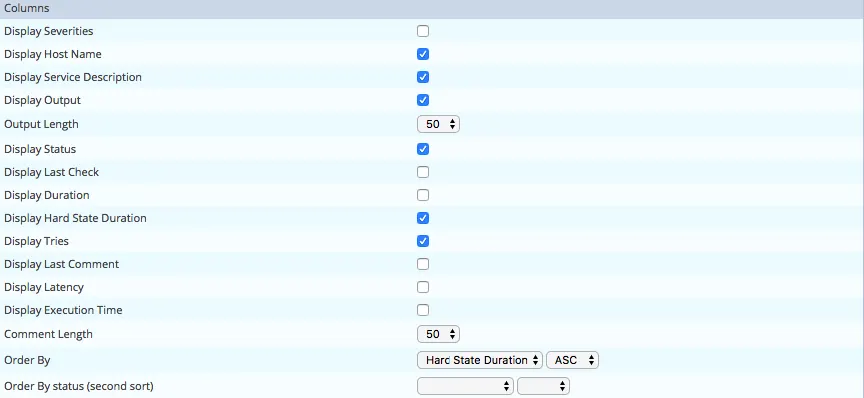 Service Monitoring widget column settings in Centreon: host name, service description, output, status, hard state duration and tries, sorted by hard state duration