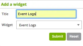 Centreon Add a widget form: title Event Logs, Event Logs widget selected, with Submit and Reset buttons