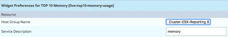 Live Top 10 Memory Usage widget preferences in Centreon: host group Cluster-ESX-Reporting, service description filter memory