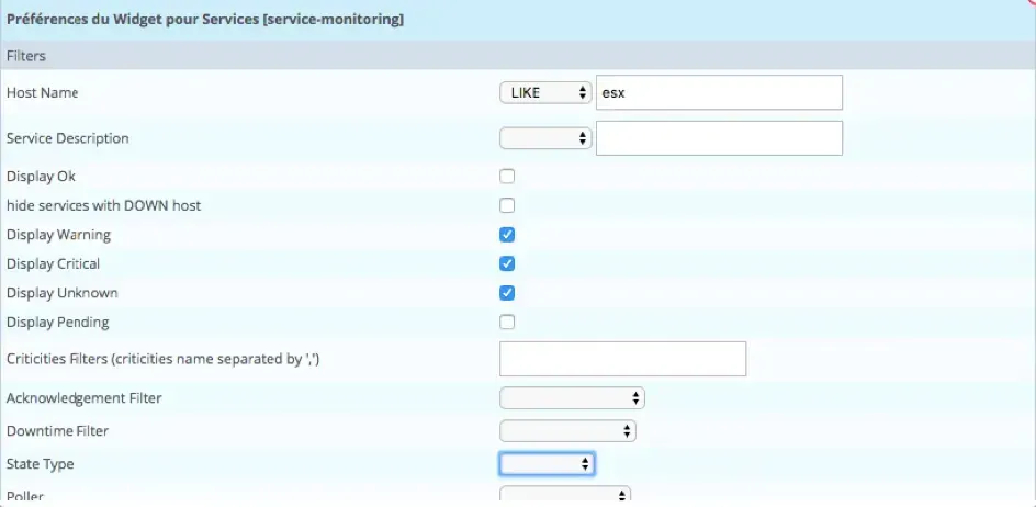 Préférences du widget Service Monitoring : filtre sur les hôtes dont le nom contient « esx », affichage des statuts Warning, Critical et Unknown