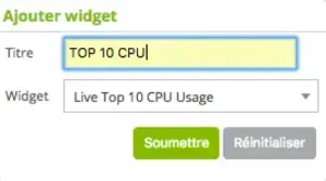 Fenêtre « Ajouter widget » de Centreon : ajout d'un widget Live Top 10 CPU Usage intitulé TOP 10 CPU