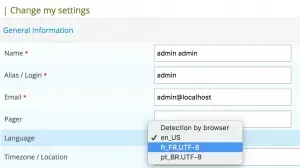 Page « Change my settings » de Centreon : choix de la langue de l'utilisateur, avec fr_FR.UTF-8 sélectionné parmi en_US et pt_BR.UTF-8