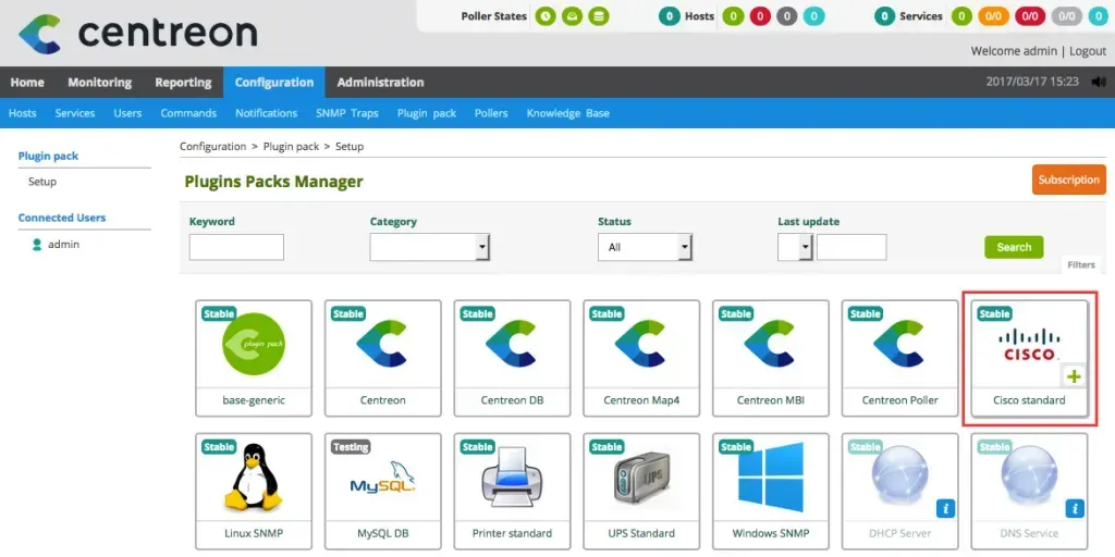 Page Configuration > Plugin pack > Setup de Centreon : gestionnaire des Plugin Packs, avec le pack Cisco standard encadré en rouge