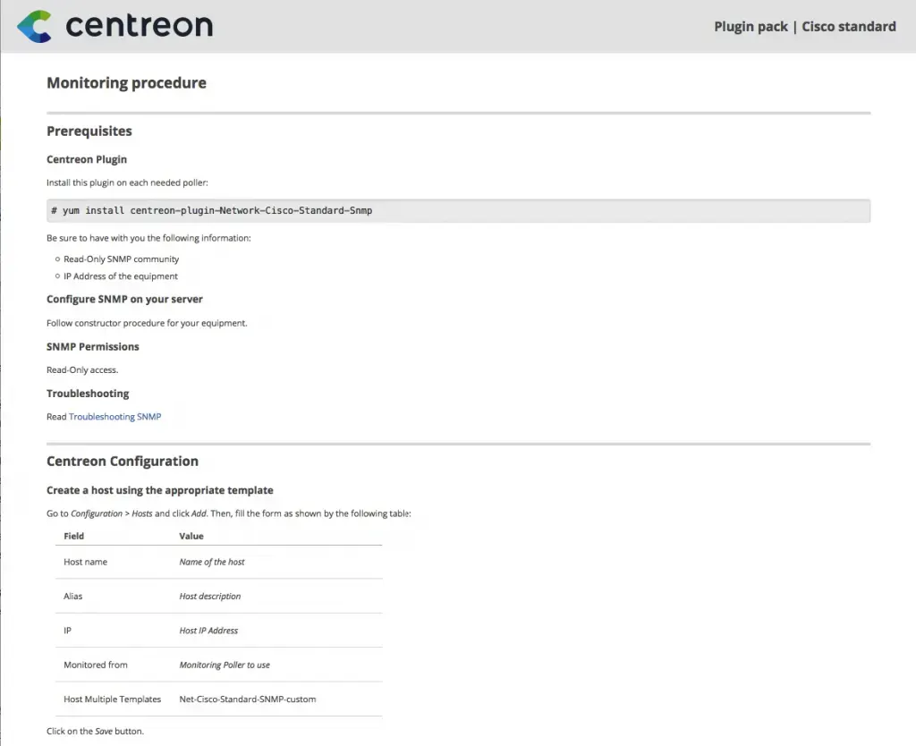 Procédure de supervision du Plugin Pack Cisco standard : prérequis (plugin, SNMP en lecture seule) et création de l'hôte avec le modèle Net-Cisco-Standard-SNMP-custom