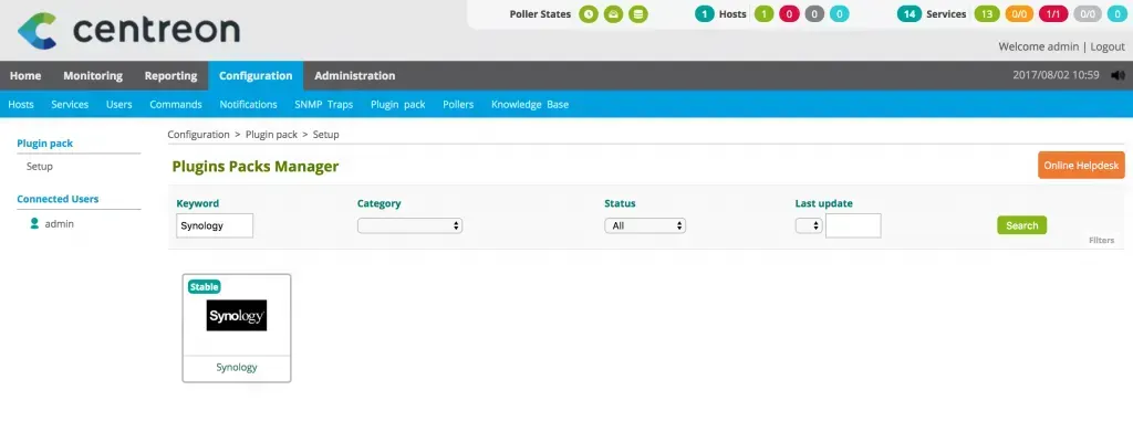 Plugin Packs Manager de Centreon filtré sur « Synology » : le Plugin Pack Synology, marqué Stable