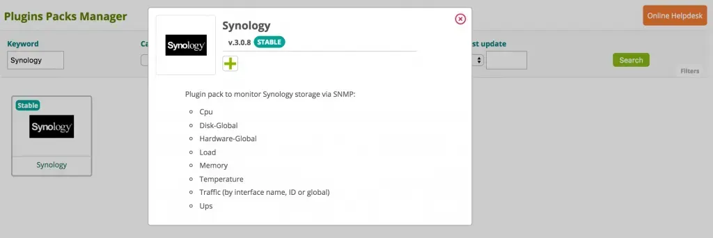 Fiche du Plugin Pack Synology v3.0.8, marqué Stable : supervision SNMP du CPU, des disques, du matériel, de la charge, de la mémoire, de la température, du trafic et de l'onduleur