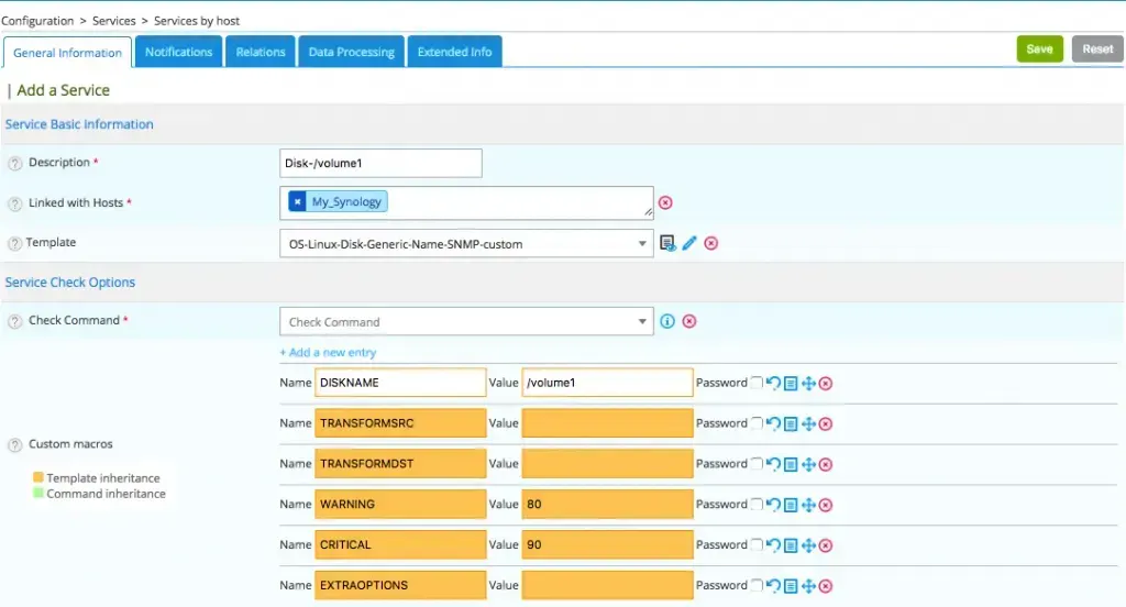 Formulaire Configuration > Services > Services by host de Centreon : ajout du service Disk-/volume1 sur l'hôte My_Synology avec le modèle OS-Linux-Disk-Generic-Name-SNMP-custom, seuils 80 et 90