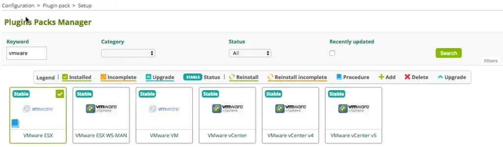 Plugin Packs Manager de Centreon : le Plugin Pack VMware ESX désormais installé, parmi les packs VMware disponibles