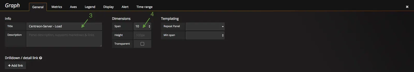 Onglet General d'un panneau Graph dans Grafana : titre Centreon-Server - Load et largeur de 10 span