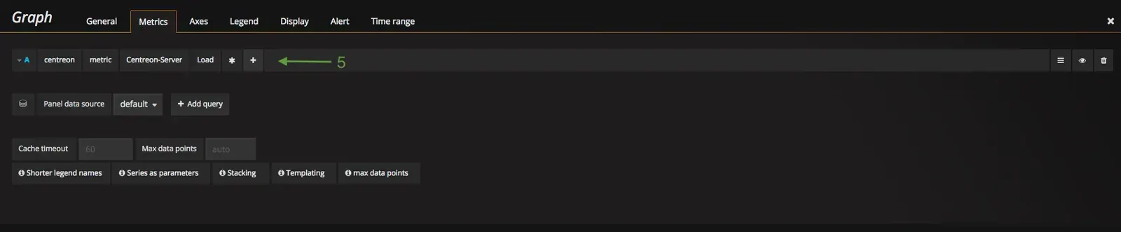 Onglet Metrics d'un panneau Graph dans Grafana : sélection de la métrique centreon.metric.Centreon-Server.Load.*