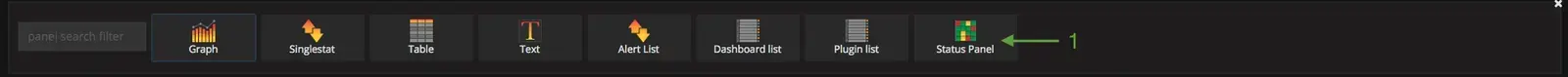 Barre d'ajout de panneaux Grafana : sélection du composant Status Panel pour afficher le statut du load