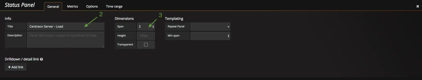 Onglet General d'un Status Panel dans Grafana : titre Centreon-Server - Load et largeur de 2 span