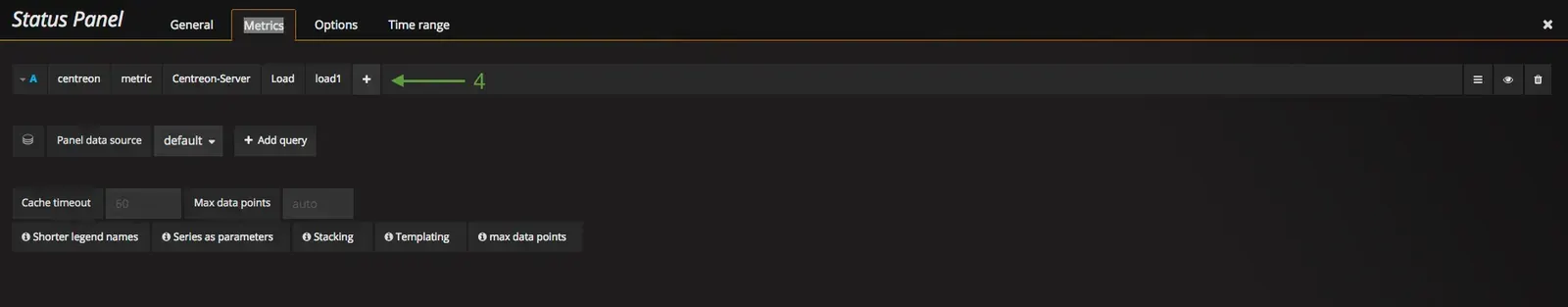 Onglet Metrics d'un Status Panel dans Grafana : sélection de la métrique load1 du serveur Centreon-Server