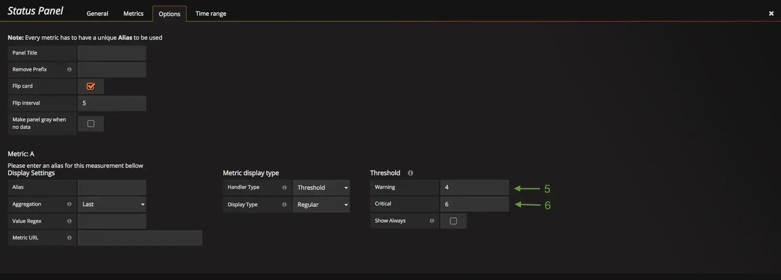 Onglet Options d'un Status Panel dans Grafana : seuils warning à 4 et critical à 6, définis comme dans Centreon