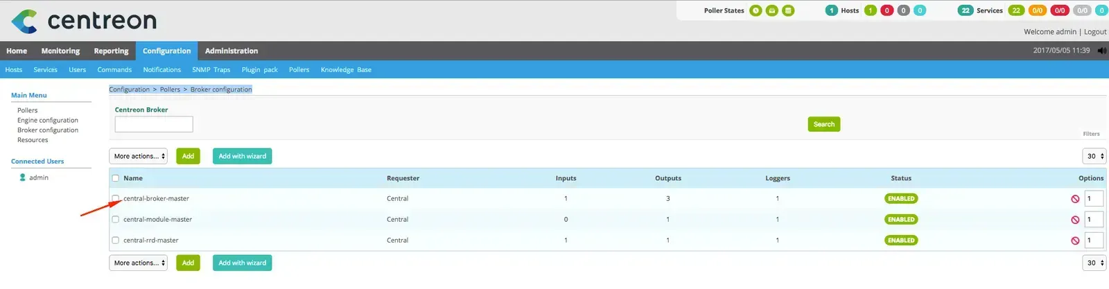 Menu Configuration > Pollers > Broker configuration de Centreon : sélection de la configuration central-broker-master à modifier