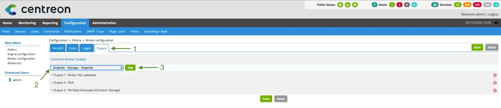 Onglet Output de la configuration central-broker-master dans Centreon : ajout d'une sortie de type « Graphite - Storage - Graphite »