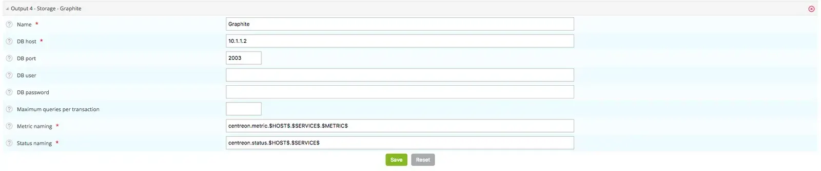 Paramètres de la sortie Graphite dans Centreon Broker : hôte 10.1.1.2, port 2003 et nommage des métriques et statuts au format centreon.metric et centreon.status