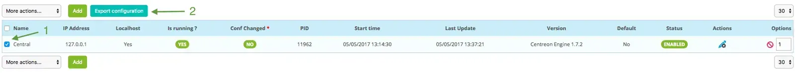 Menu Configuration > Pollers de Centreon : sélection du poller Central puis bouton Export configuration
