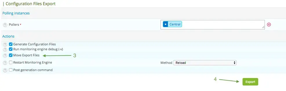 Formulaire Configuration Files Export de Centreon pour le poller Central : génération des fichiers, debug du moteur et option Move Export Files cochées, puis bouton Export