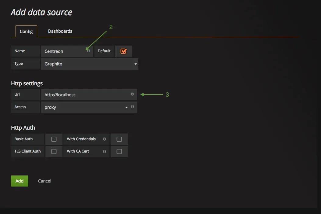 Formulaire Add data source de Grafana : source nommée Centreon, de type Graphite, avec l'URL http://localhost en accès proxy