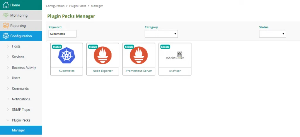 Plugin Packs Manager de Centreon filtré sur Kubernetes : Plugin Packs Kubernetes, Node Exporter, Prometheus Server et cAdvisor, marqués Stable