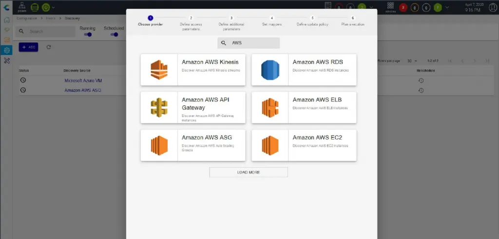 Centreon Host Discovery wizard, Choose provider step: Amazon AWS Kinesis, RDS, API Gateway, ELB, ASG and EC2 discovery providers