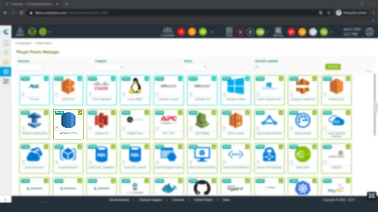 Plugin Pack Manager de Centreon : le Plugin Pack Amazon RDS, marqué Stable et installé, parmi les packs de supervision disponibles