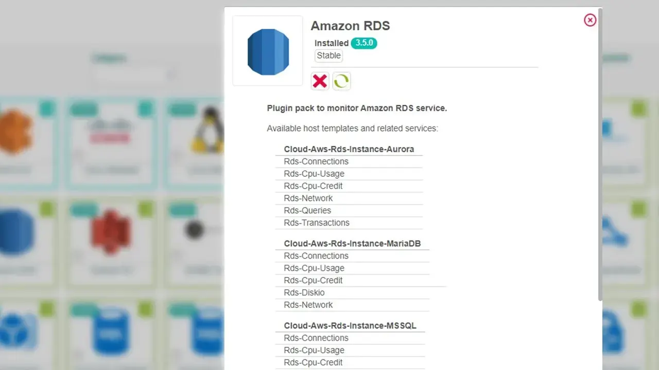 Fiche du Plugin Pack Amazon RDS installé, version 3.5.0, marqué Stable : modèles d'hôtes Aurora, MariaDB et MSSQL avec leurs services connexions, CPU, réseau et requêtes
