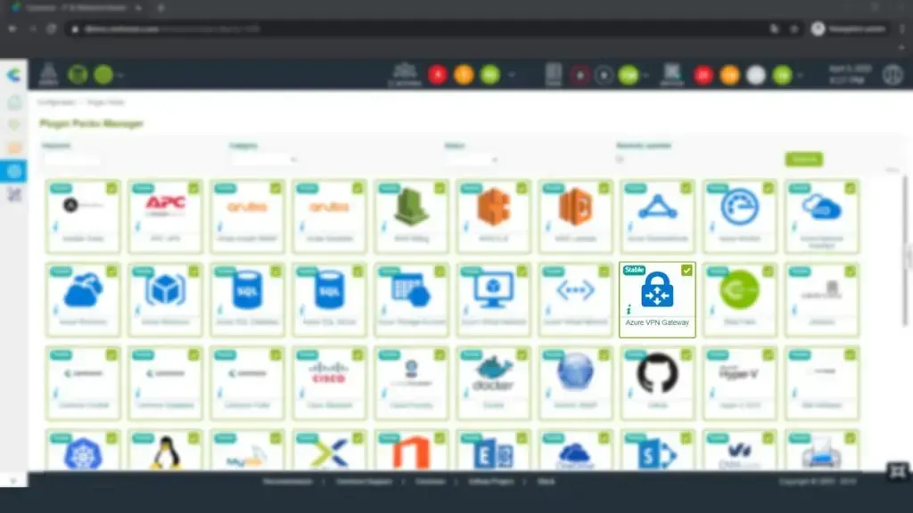 Plugin Pack Manager de Centreon : le Plugin Pack Azure VPN Gateway, marqué Stable, parmi les packs de supervision disponibles