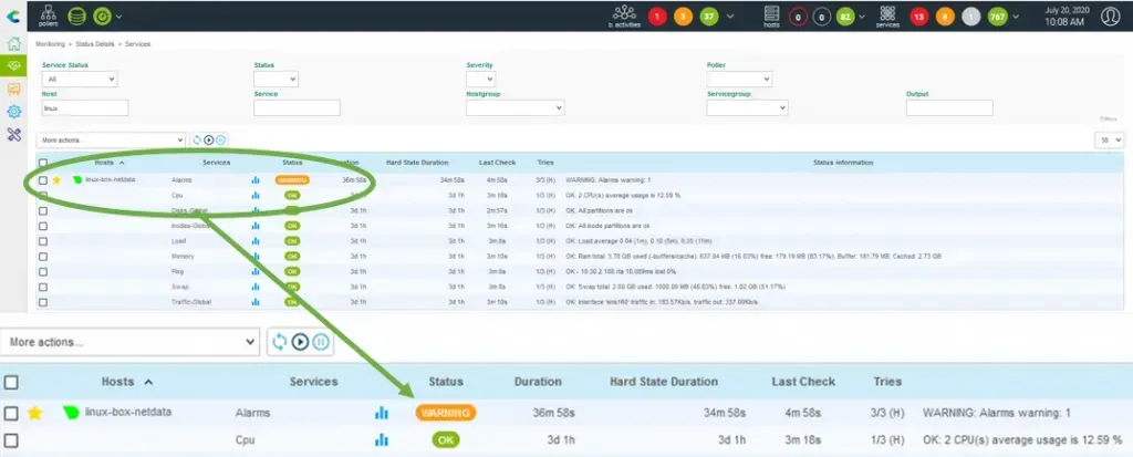 Page Monitoring > Status Details de Centreon : services de l'hôte linux-box-netdata, dont le service Alarms remonté par Netdata au statut WARNING