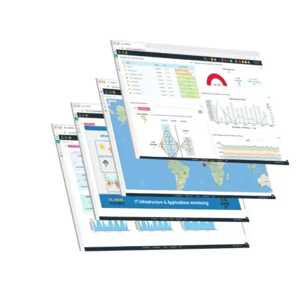 Ensemble de vues et tableaux de bord Centreon de supervision orientée business, dont une vue IT Infrastructure & Applications Monitoring