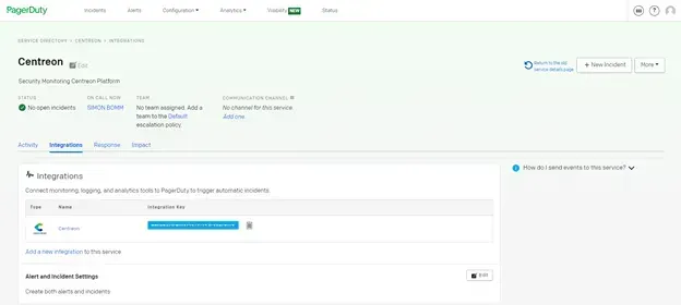 Page du service Centreon dans PagerDuty, onglet Integrations : l'intégration Centreon et sa clé d'intégration générée, à copier pour la configuration de Centreon