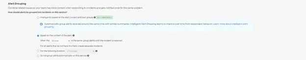 Paramètres Alert Grouping du service PagerDuty : regroupement des alertes d'une même source dans un incident jusqu'à sa résolution