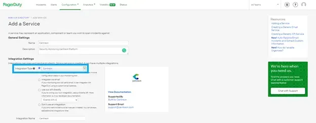 Formulaire Add a Service de PagerDuty : nom Centreon, description et type d'intégration Centreon sélectionné dans les paramètres d'intégration
