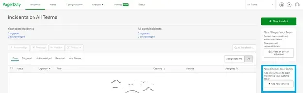 Page Incidents on All Teams de PagerDuty, avec le bouton « Add new services » mis en évidence pour ajouter l'intégration Centreon
