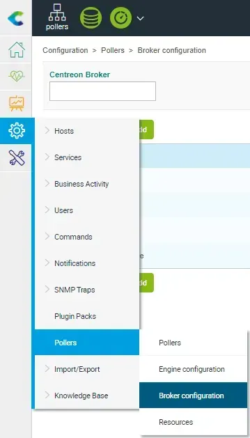 Menu Configuration > Pollers > Broker configuration de Centreon, pour configurer Centreon Broker
