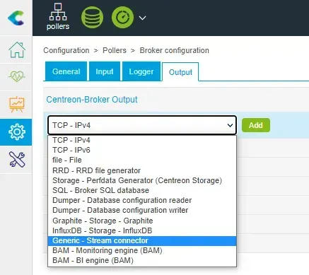 Onglet Output de Broker configuration dans Centreon : sélection de la sortie « Generic - Stream connector » dans la liste des types de sortie