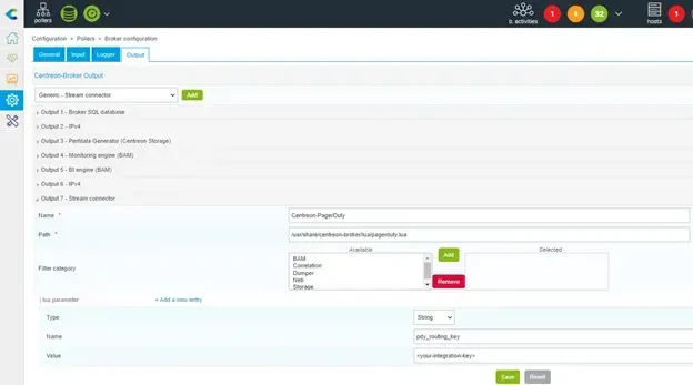 Sortie Stream connector Centreon-PagerDuty dans Centreon Broker : chemin du script pagerduty.lua et paramètre pdy_routing_key contenant la clé d'intégration