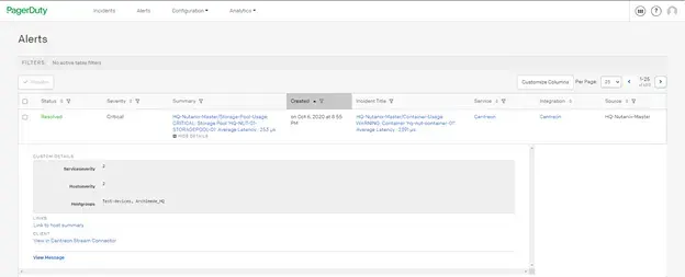 Liste Alerts de PagerDuty : alerte critique remontée par Centreon sur la latence d'un pool de stockage Nutanix, avec ses détails personnalisés