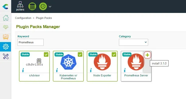Menu Configuration > Plugin Packs > Manager de Centreon : recherche « Prometheus » affichant les packs cAdvisor, Kubernetes w/ Prometheus, Node Exporter et Prometheus Server