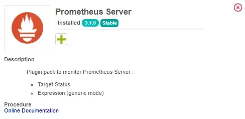 Fiche du Plugin Pack Prometheus Server 3.1.0 installé dans Centreon : modes Target Status et Expression (mode générique), avec lien vers la documentation