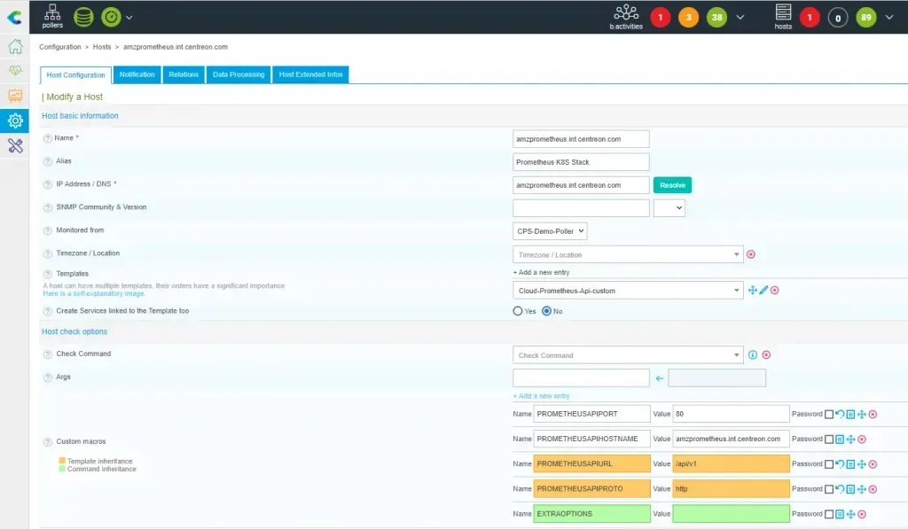 Configuration d'un hôte Prometheus dans Centreon : modèle Cloud-Prometheus-Api-custom et macros PROMETHEUSAPIPORT, HOSTNAME, URL et PROTO