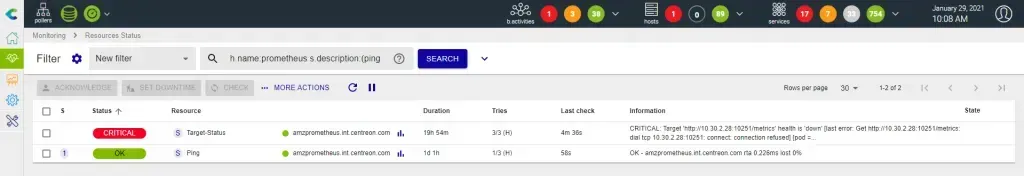 Page Resources Status de Centreon : hôte Prometheus avec le service Ping en OK et le service Target Status en CRITICAL, une target étant injoignable