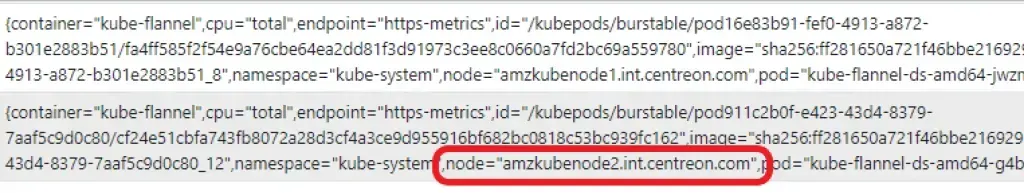 Résultats PromQL montrant la dimension node (ici amzkubenode2.int.centreon.com) utilisée pour agréger les métriques CPU par nœud Kubernetes