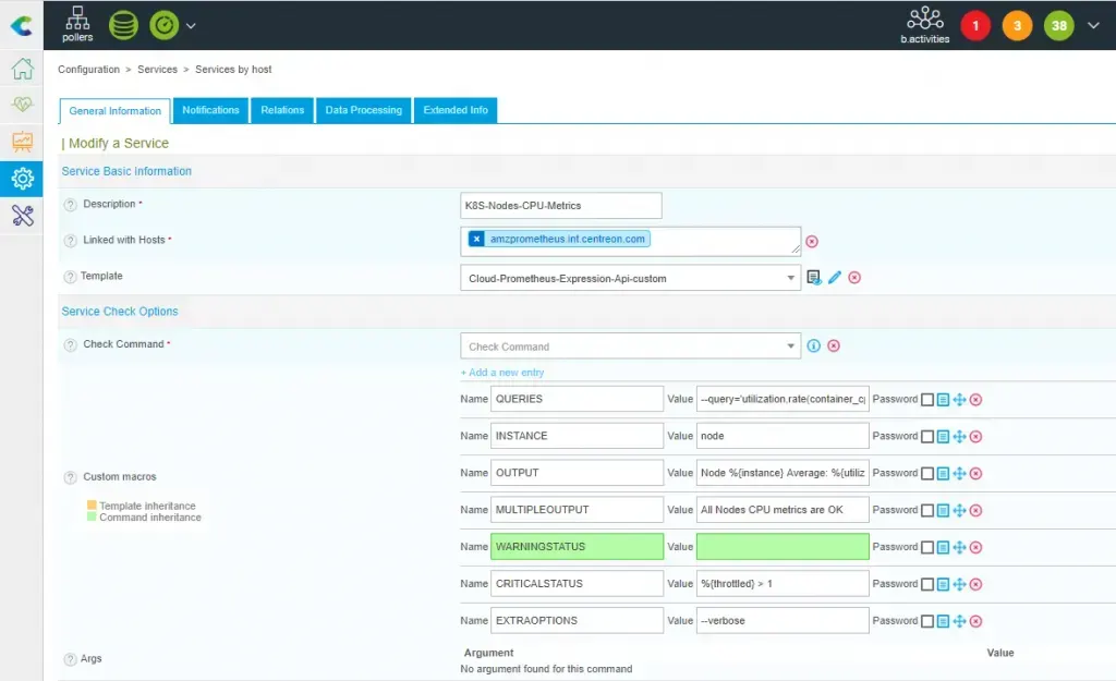Configuration du service K8S-Nodes-CPU-Metrics dans Centreon : modèle Cloud-Prometheus-Expression-Api-custom et macros QUERIES, INSTANCE, OUTPUT et seuils