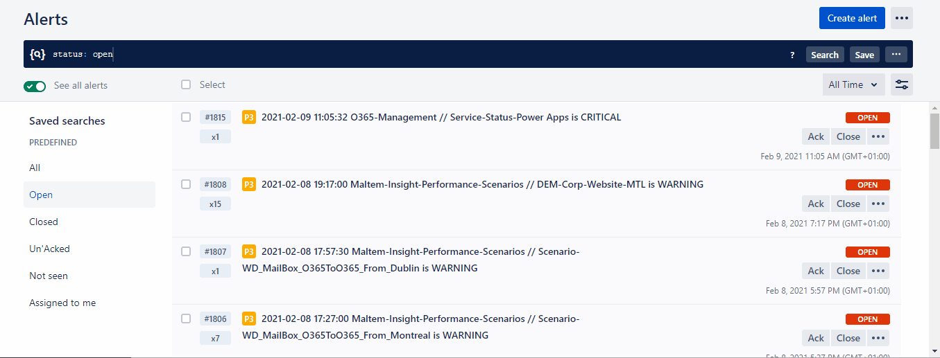 Liste des alertes ouvertes dans Opsgenie, reçues de Centreon pour des services O365 et des scénarios de performance en CRITICAL ou WARNING