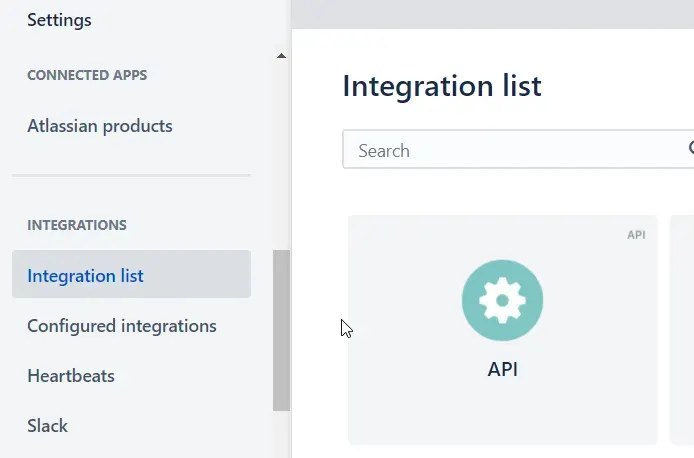 Menu Integrations > Integration list d'Opsgenie, avec l'intégration API à ajouter pour recevoir les incidents Centreon